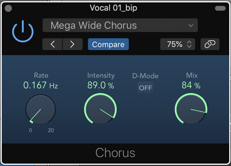 Chorus Stock Plugin on Logic X set to preset Mega Wide Chorus.
