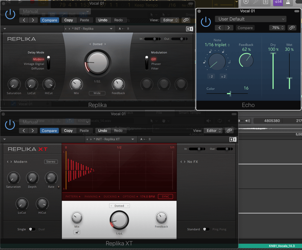 Delay Plugins with Short Decay Time for Vocal Processing. Replika by Native Instruments and Logic X Stock Echo Plugin.