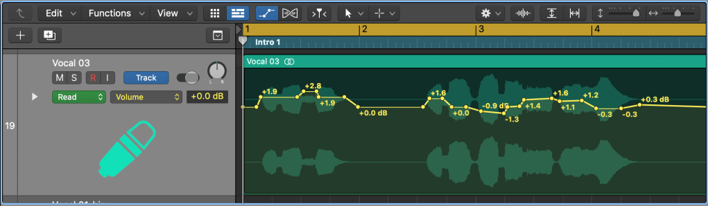 Writing In Automation Manually For The Channel Volume Of A Vocal Part In Logic X.