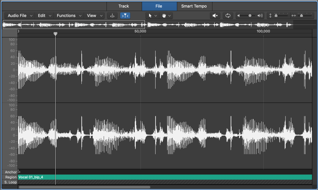 The same vocal part from the previous picture after a limiter has been used to remove transients.