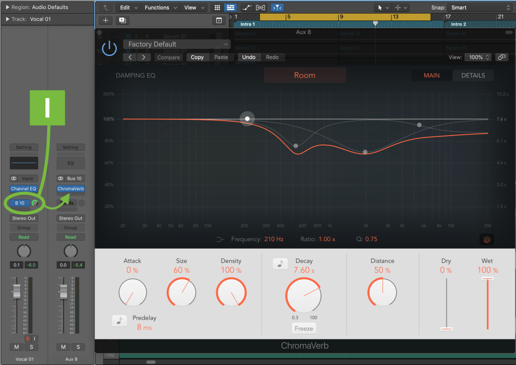 Reverb being set up on a new channel send in Logic X.
